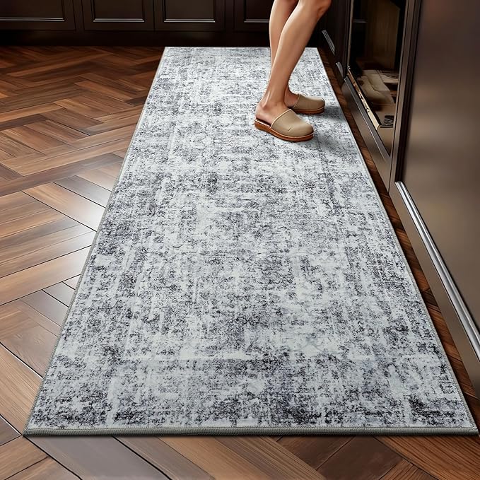 HOMORE Hallway Runner Rugs 2x6 Gray Rug for Bedroom, Washable Abstract Kitchen Rug Non Slip Rugs for Kids Nursery Room Vintage Carpet for Dorm Entryway