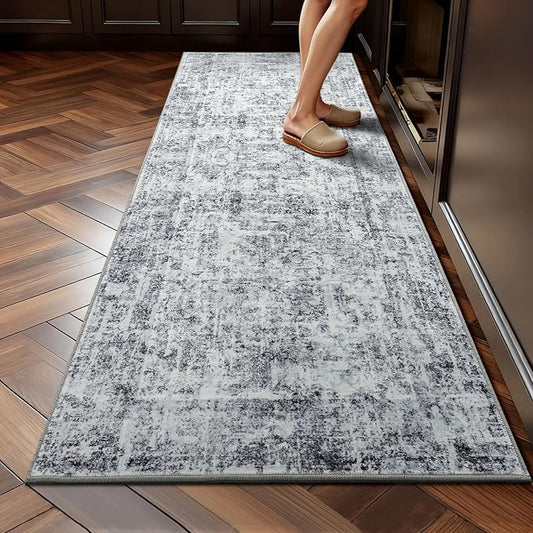 HOMORE Hallway Runner Rugs 2x6 Gray Rug for Bedroom, Washable Abstract Kitchen Rug Non Slip Rugs for Kids Nursery Room Vintage Carpet for Dorm Entryway