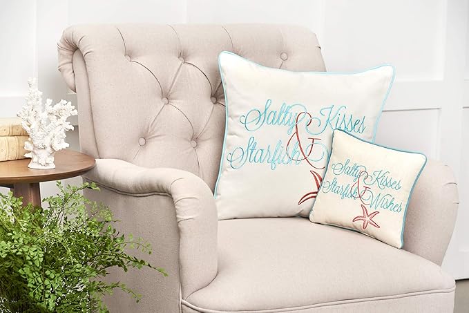 C&F Home Salty Kisses Starfish Wishes Embroidered Cotton Accent Throw Pillow 18" x 18" All Seasons Summer Beach House Inspirational Quote Coastal Home Living Room Sofa Couch Chair Bed Bedroom Decor