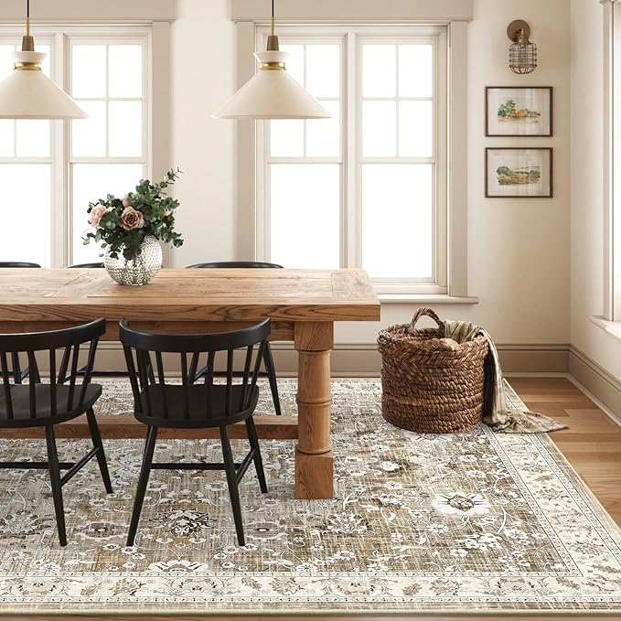 LOKHOM Living Room Area Rug 8x10, Non-Slip Vintage Soft Large Bedroom Rug with Rubber Backing, Low Pile Boho Floral Faux Wool Floor Carpet Distressed Rug for Bedroom Dining Room（Beige Brown）
