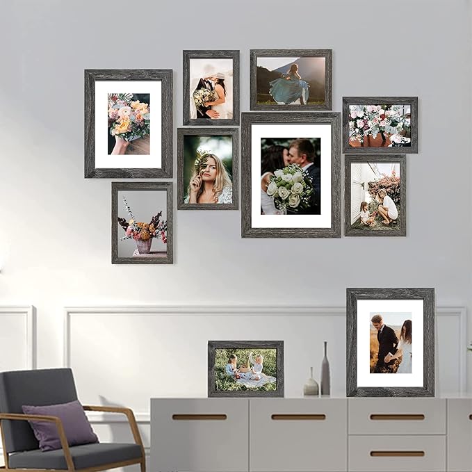 SESEAT Picture Frames Collage, Gallery Wall Frame Set with 11x14 8x10 5x7 4x6 Frames in Grey Finishes, Set of 10