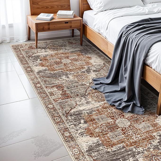 RUUGME Washable 3X14 Runner Rugs - Large Boho Rugs for Living Room Stain Resistant Carpet Vintage Tribal Rugs for Bedroom Kitchen Bathroom Non Slip Backing Home Decor Floor Decoration Mat 3X14 Brick
