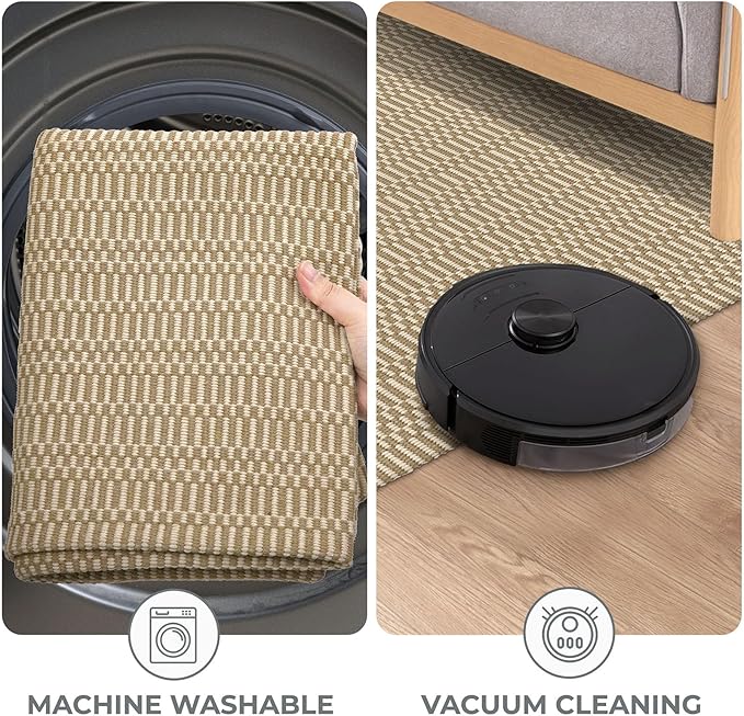 KOZYFLY Washable Entryway Rug 3x5 Ft Area Rugs Cotton Rubber Backed Throw Rugs Indoor Door Mat Kitchen Rugs Braided Floor Carpet for Front Entrance Bathroom Kitchen Living Room, Sand/Ivory