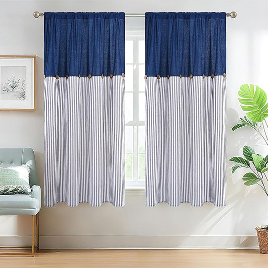 ASPMIZ Cotton Linen Farmhouse Curtains for Living Room, Boho Rustic Button Window Curtain Panels, Blue Striped Curtains for Bedroom, Country Back Tab Modern Drapes for Windows 52 x 63 Inch 2 Panels