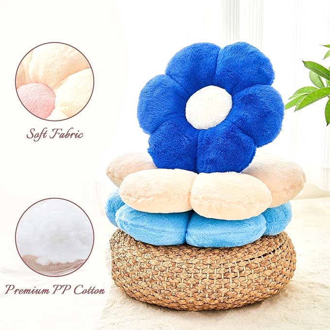 Kcvvcr Beige Flower Pillow, Cute Decorative Flower Shaped Throw Pillow with Faux Rabbit Fur, 19.6" Soft Daisy Plush Floor Cushion Aesthetic Room Decor for Bed Sofa Couch