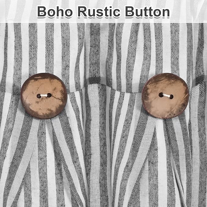 ASPMIZ Farmhouse Valances for Windows, Cotton Linen Kitchen Curtains Valances with Rustic Buttons, Grey Striped Window Valance for Living Room, Boho Valance Curtains for Bathroom, 52 x 18 Inches