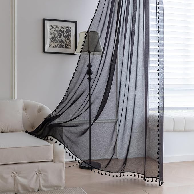 Black Sheer Curtains 102 inch Long, Fringed Edges and Textured Semi Sheer Curtains Large Window Treatments for Living Room/Bedroom, 2 Panels