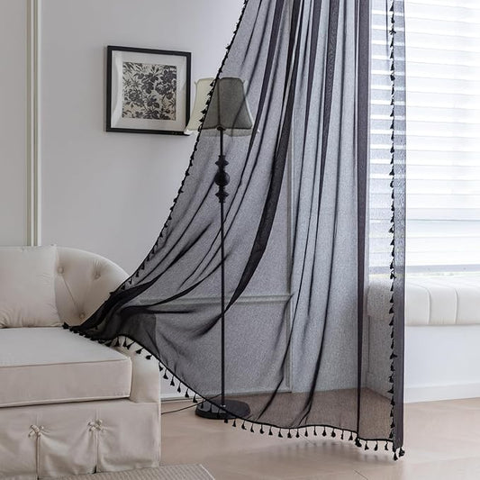 Black Sheer Curtains 102 inch Long, Fringed Edges and Textured Semi Sheer Curtains Large Window Treatments for Living Room/Bedroom, 2 Panels