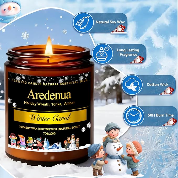 Winter Candles – Winter Carol Candle | Holiday Scented Candles | Christmas & Holiday Aromatherapy Gifts for Women Men, 7oz Soy Candles for Home Scented - 50H Clean & Long Lasting Burn