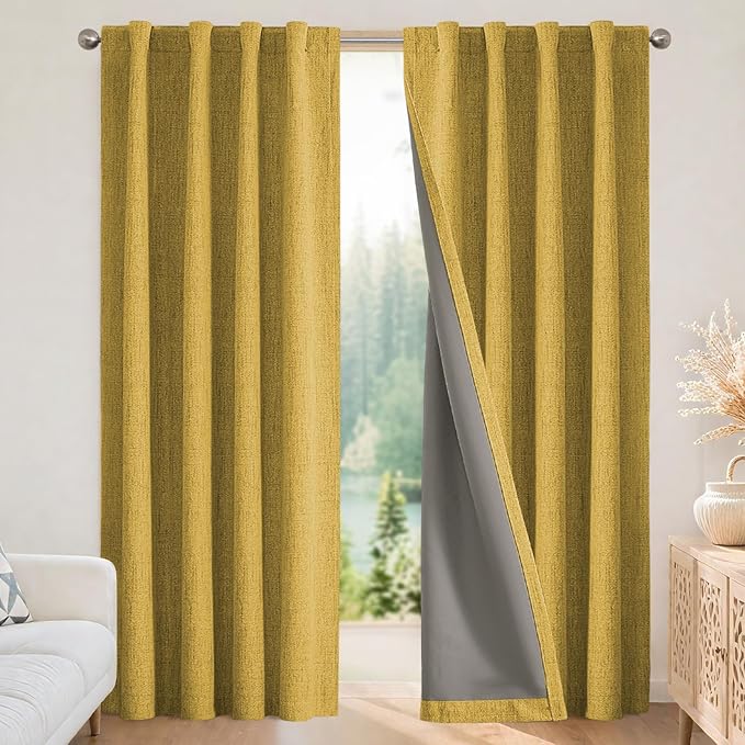 Joydeco Blackout Curtains for Bedroom - 100% Light Blocking 2 Panels Set Yellow Drapes 42" W x 84" L, Thermal Insulated Room Darkening Curtains, Linen Textured for Living Room, Rod Pocket & Back Tabs