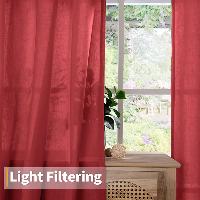 YoungsTex Red Linen Semi Sheer Curtains 72 Inch Length for Living Room, Light Filtering Window Drapes with Grommet Privacy for Dining Bedroom, 2 Panels, 52 X 72 Inch