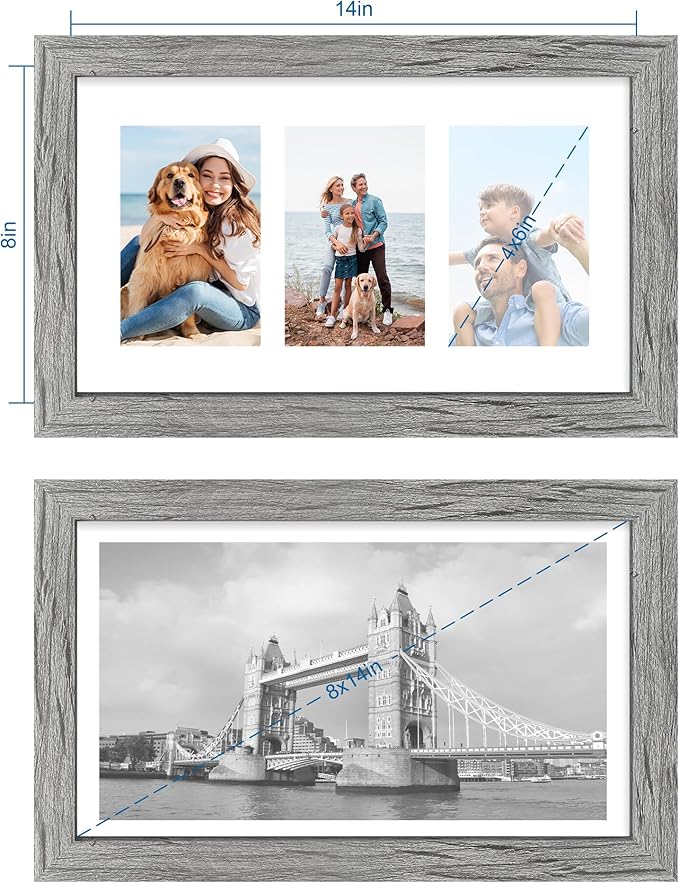 8x14 Picture Frame Set of 2, Rustic Grey Wood Frame with Glass Collage Frame, Display Pictures 3-4x6 With Mat or 8 x 14 Without Mat - Horizontal or Vertical Wall Mounting