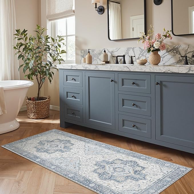GENIMO Runner Rug 2'6"x6 Machine Washable Non Slip Vintage Hallway Runner Rug, Low Pile Lightweight Rugs for Indoor Entryway, Hallway, Kitchen and Corridor, Light Blue Beige