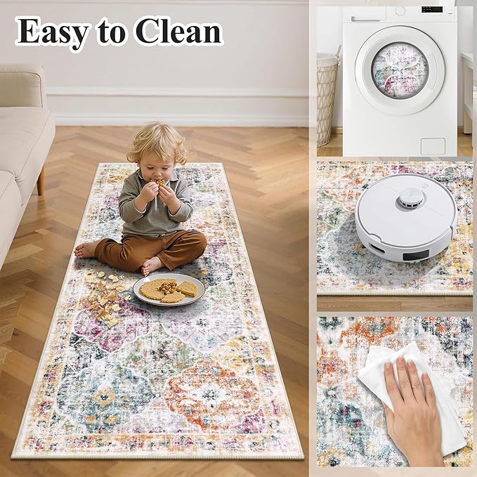 Ileading Washable Hallway Runner Rugs, 2x6 Non Slip Runners Area Rug for Entryway Kitchen Bathroom Bedroom Laundry Living Room, Long Narrow Low-Pile Floor Carpet Boho Vintage Throw Mat for Kids Room