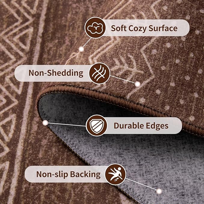 SERISSA Hallway Runner Rug, 2x10 Washable Non-Slip Coffee Brown Boho Rug, Soft Low-Pile Geometric Indoor Long Carpet for Kitchen Laundry Room Bathroom Bedroom Entryway Stair