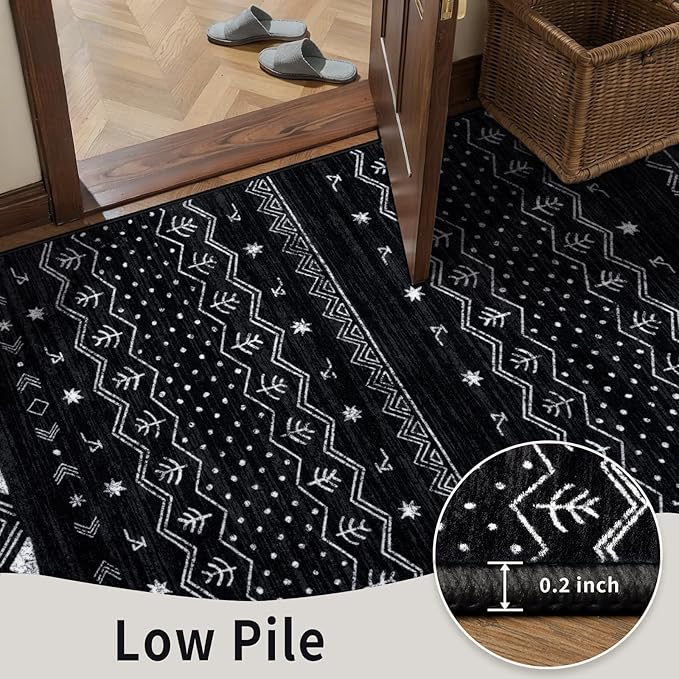 SERISSA 2x6 Kitchen Runner Rug, Washable Non-Slip Black and White Boho Rug, Soft Low-Pile Geometric Indoor Carpet for Hallway Laundry Room Bathroom Bedroom Entryway
