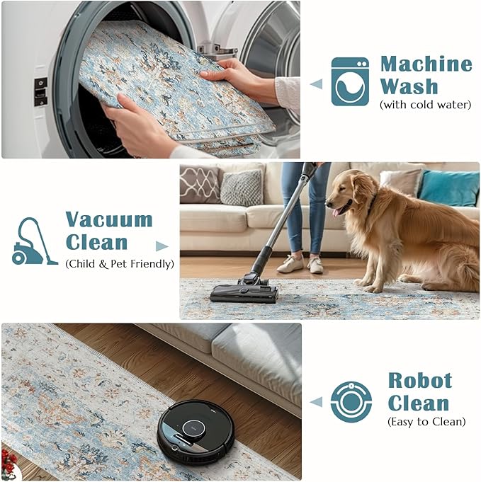 jinchan Hallway Runner Rug 3x8 - Vintage Kitchen Rug Washable Runner Floral Boho Floor Cover Lightweight Non Slip Thin Retro Distressed Carpet for Bathroom Laundry Room Bedroom Stairway Light Blue