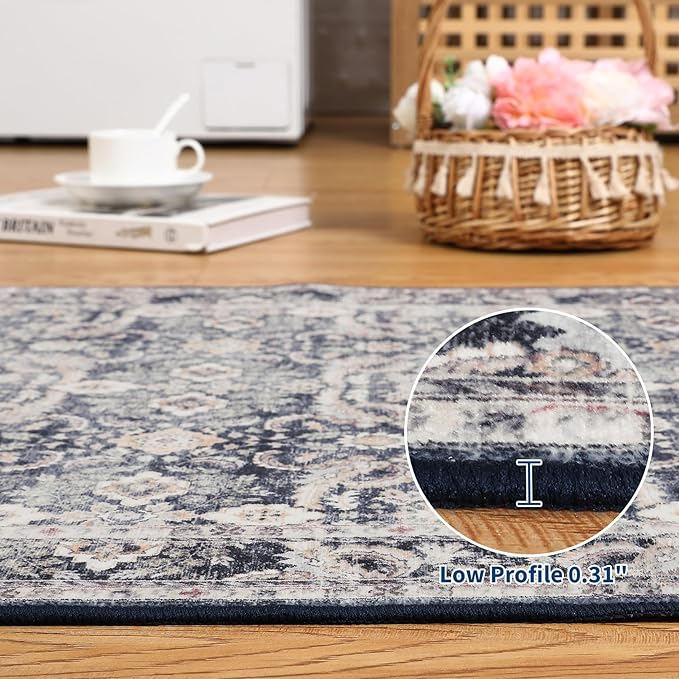 GarveeHome Runner Rug 2x6 Washable Vintage Floral Bathroom Rugs, Non Slip Low Pile Oriental Accent Carpet, Foldable Retro Runners for Hallways, Entryway, Laundry, Kitchen, Blue Grey