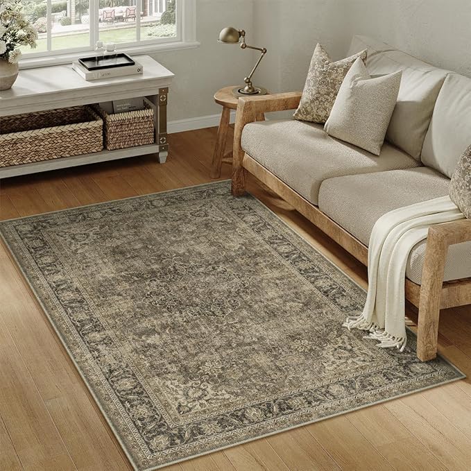 3x4 Washable Area Rug Brown Vintage Non Slip Soft Low Pile Rug for Entryway Kitchen Bathroom Distressed Oriental Throw Carpet for Living Room Bedroom Home Decor