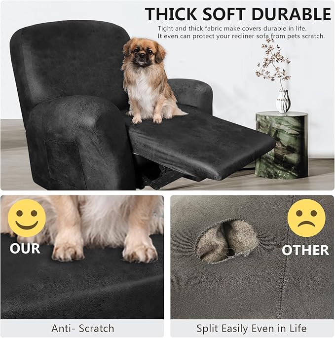 ANARACHON Leather Like Recliner Chair Covers Heavy Duty, 4 Pieces Recliner Cover for Recliner Chair, Leather Cover for Recliner slipcovers Washable for Pets (Dark Grey)