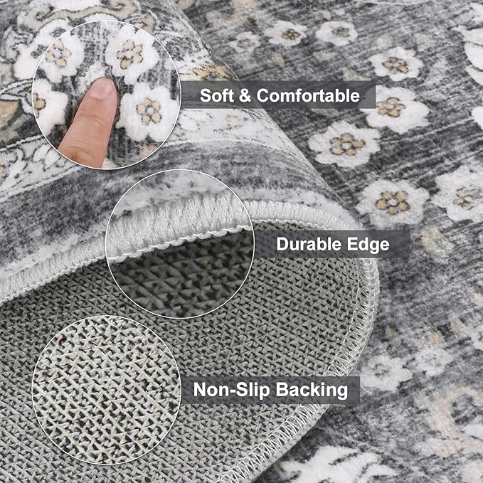 LOKHOM Washable Runner Rug, 2x8 Non-Slip Vintage Hallway Runner Rug with Rubber Backing, Boho Floral Soft Faux Wool Kitchen Rug Carpet Runner for Laundry Entryway Bedroom (Charcoal Grey)