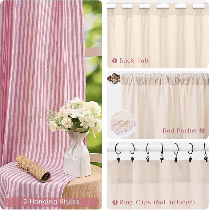 ASPMIZ Farmhouse Living Room Curtains Boho, Country Linen Curtains with Rustic Buttons, Rod Pocket & Back Tab Red Striped Curtain for Bedroom Window Curtain, Home Decor, 52 x 63 Inch, 2 Panels