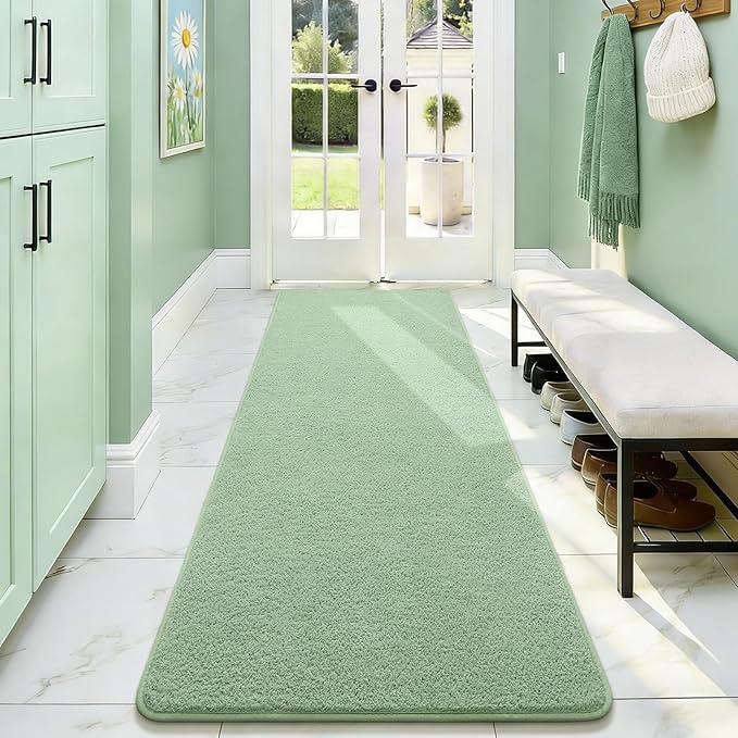 Soft Runner Rugs for Bedroom 2x6, Non Slip Runners for Hallway Kitchen Laundry Dorm Washable, Low Pile Long Rugs for Girls Kids, Light Green