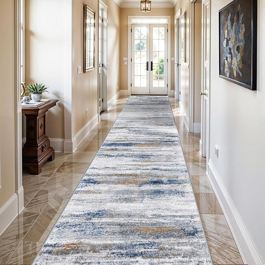 3x18 Washable Hallway Runner Rug: Extra Long Runners for Entryway Living Room Dining Room - Stain and Water Resistant Rugs with Non-Slip Backing - Soft Low-Pile Carpet 18ft Navy Grey