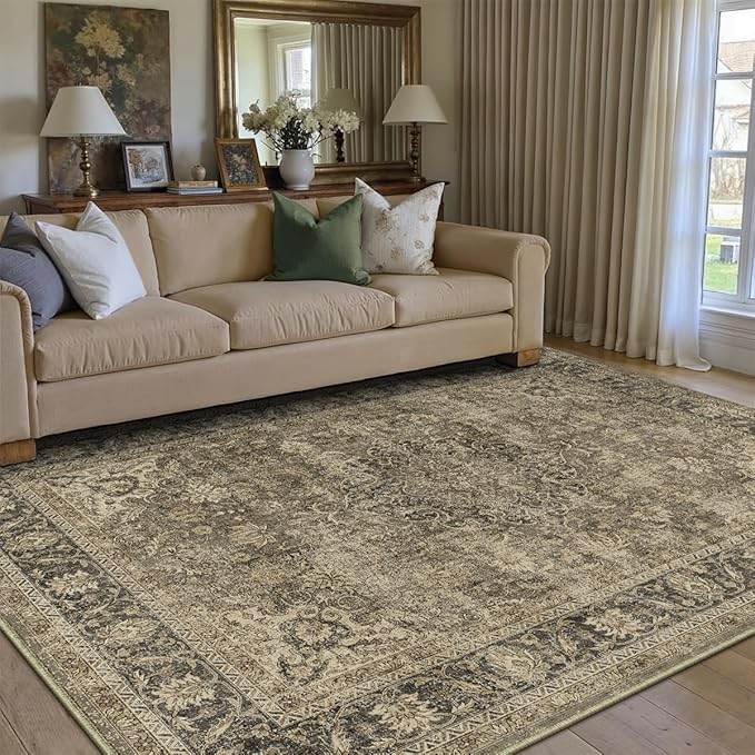 6x9 Washable Area Rug Brown Vintage Non Slip Soft Medium Pile Rug for Living Room Bedroom Dining Room Office Distressed Oriental Indoor Throw Carpet for Home Decor