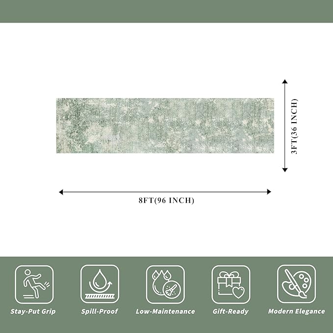 3x12 ft Non Skid Hallway Runner Rug - Kitchen Runner Rug with Rubber Backing Low Pile Thin Carpet Runners for Kitchen Entryway Bathroom,Modern Abstract Neutral（Sage Green,3x12）