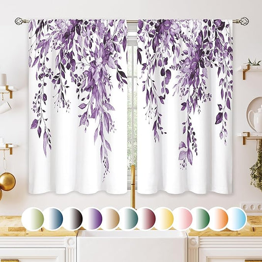 Eucalyptus Botanical Leaves Purple Floral Kitchen Window Curtains Over Sink Farmhouse Flower Leaf Small Window Treatment Cafe Short Curtains for Bathroom Treatment Tier Drapes 27.5x39 inch