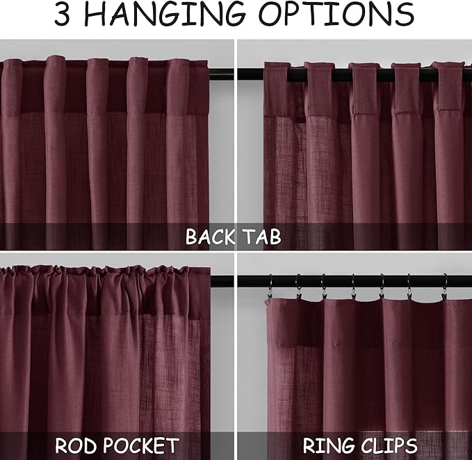 Extra Long Burgundy Linen Curtains 120 Inch for Living Room 2 Panels Set Rod Pocket Back Tab Light Filtering Semi Sheer Linen Window Drapes Privacy High Ceiling Drapes for Farmhouse 52x120