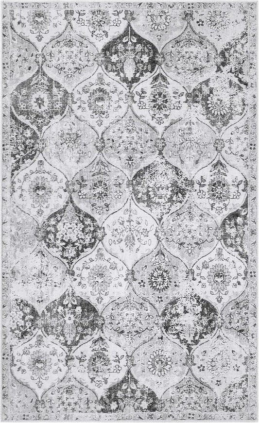 Lahome Moroccan Trellis Washable Small Area Rug, 3x5 Area Rug for Bedroom Living Room, Non-Slip Oriental Accent Throw Carpet for Kitchen Office Entryway Bathroom Office Elise, Silver/Grey