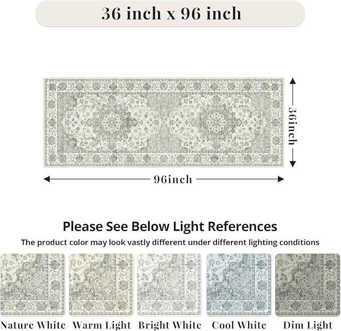 Washable Hallway Runner Rug - 3x8 Floor Carpet Rug Distressed Low Pile Mats Non Slip Soft Rugs for Dining Room with Rubber Backing Bedroom Runner with Vintage Design (Green 3x8)
