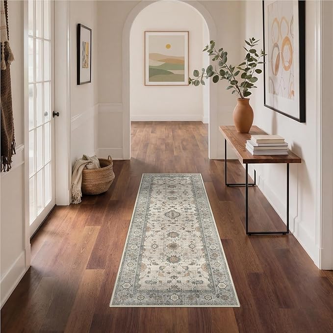 GENIMO Runner Rug for Hallways Machine Washable, 2x6 Non Slip Boho Vintage Lightweight Washable Runners, Thin Floor Rugs for Entryway Hallway Bathroom Laundry Room Corridor, Light Taupe Green
