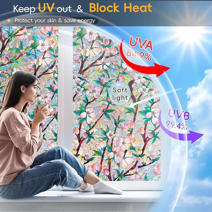 Rainbow Window Privacy Film Decorative, 3D Decals Stained Glass Clings, Static Cling Sticker, Suncatcher Windows Cover Tint for Home, 35.4 Inch x 157.4 Inch