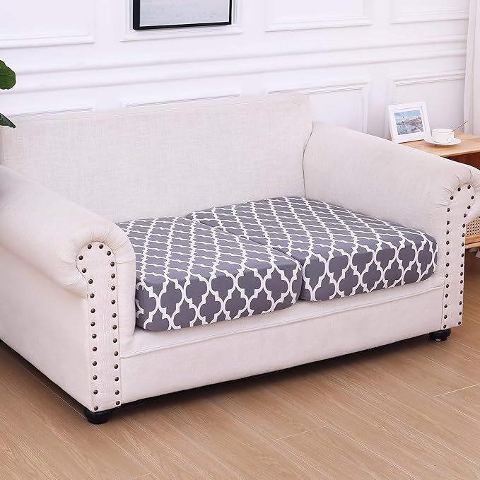 hyha Printed Couch Cushion Covers, Floral Sofa Covers Washable for 2 Cushion Couch, Stretch Pattern Outdoor Cushion Covers for Patio Furniture with Elastic Bottom(2 Packs, Moroccan Light Gray)