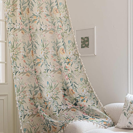 Floral Sheer Curtains 72 inch Long, Fringed Edges and Textured Semi Sheer Curtains Large Window Treatments for Living Room/Bedroom, 2 Panels