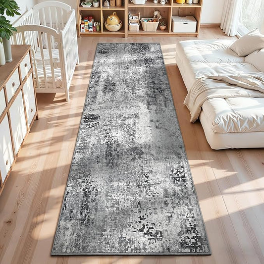 2x12 Grey Rug Runners for Hallways Kitchen Runner Rug Non Slip Washable Black Long Runner Rugs with Rubber Backing Soft Abstract Carpet Runner for Bedroom, Kitchen, Bathroom, Entryway