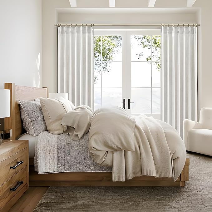Beige White Pinch Pleated 63 Inch Length Kitchen Window Curtains Over Sink 2 Panels Set, Cute Light Filtering Natural Linen Sheer Cabin Curtain with Back Tab Short Drape Decor Privacy 40"W x 63"L Long