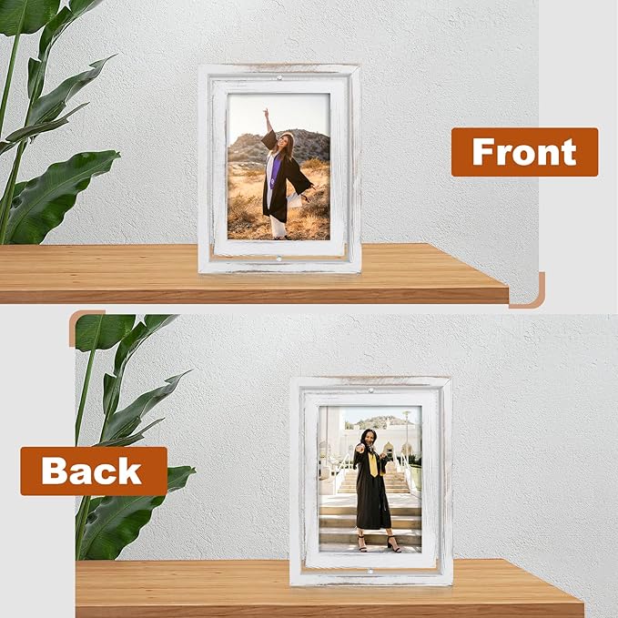 Egofine 2 Pack 4x6 Rotating Floating Picture Frames,Double-Sided Display with HD Glass Front Wooden Distressed Frame for Vertical or Horizontal Tabletop Display, White