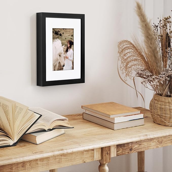 Americanflat 8x10 Picture Frame with Shatter-Resistant Glass - Use as 5x7 Frame with Mat or Display 8x10 Photo Without Mat - Soho Collection - Deep Molding Picture Frames for Tabletop or Wall - Black