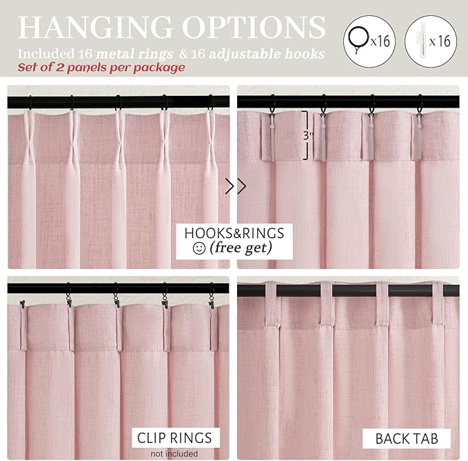 Baby Pink High Ceiling 102 Inches Long Curtains 2 Panels Set for Sliding Glass Door, Beautiful Pinch Pleated Linen Sheer Dining Room Curtain Privacy Light Filtering 100-102 Inch Large Window Drapes