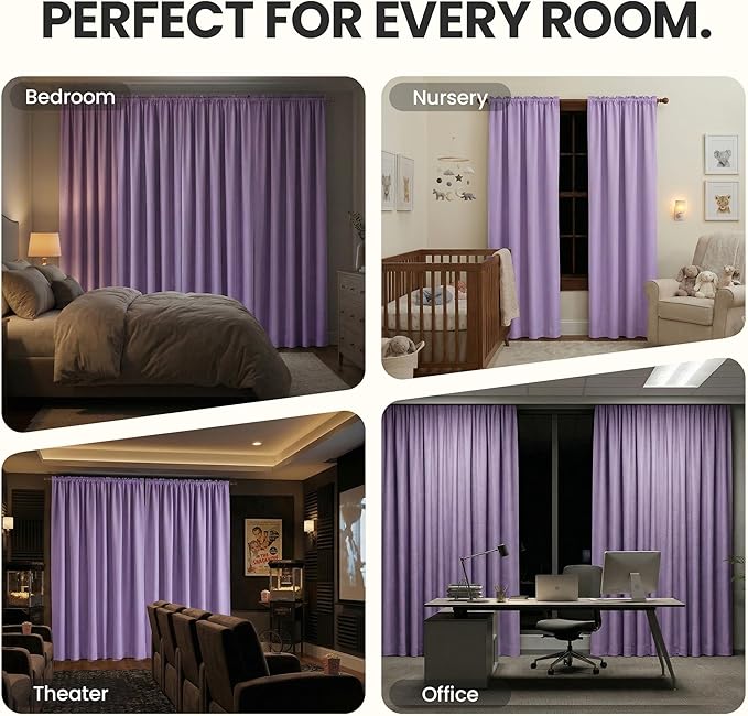 ECLIPSE Kendall Modern Blackout Thermal Rod Pocket Window Curtain for Bedroom or Living Room (1 Panel), 42" x 54", Light Purple