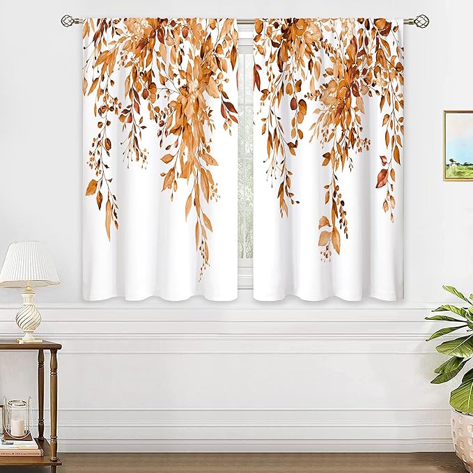 Orange Eucalyptus Botanical Leaves Floral Kitchen Window Curtains Over Sink Farmhouse Flower Fall Small Window Treatment Cafe Short Curtains for Bathroom Treatment Tier Drapes 27.5x39 inch