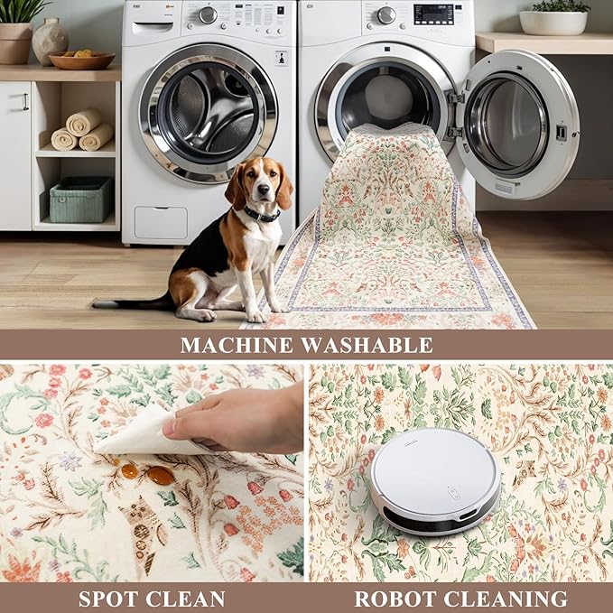 3x15 Ft Long Hallway Runner Rug - Non-Slip Washable Kitchen Runner Rug with Rubber Backing | Botanical Vintage Florals Wide Floor Carpet Runner for Indoor Entryway, Bedroom, Living Room Cream, 3x15