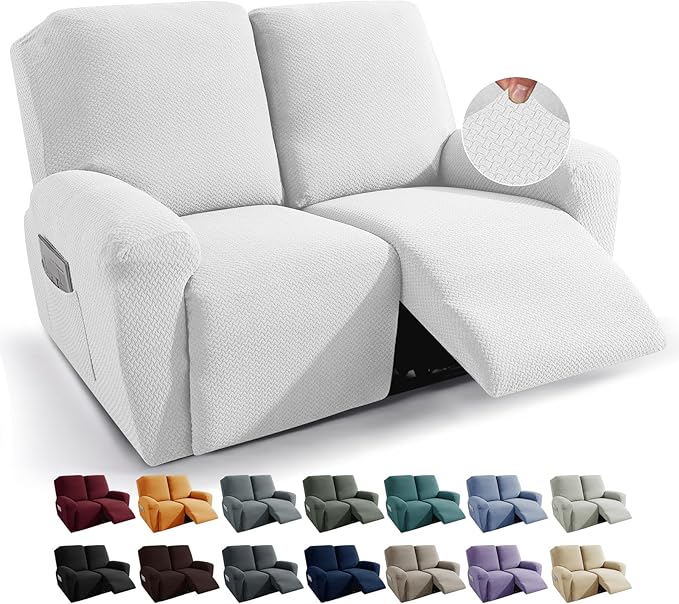JIVINER 6-Piece Loveseat Recliner Slipcover Stretch Jacquard Recliner Sofa Cover 2 Seater Washable Reclining Couch Cover with Pocket Fitted Furniture Protector Cover (Loveseat Recliner, Off White)