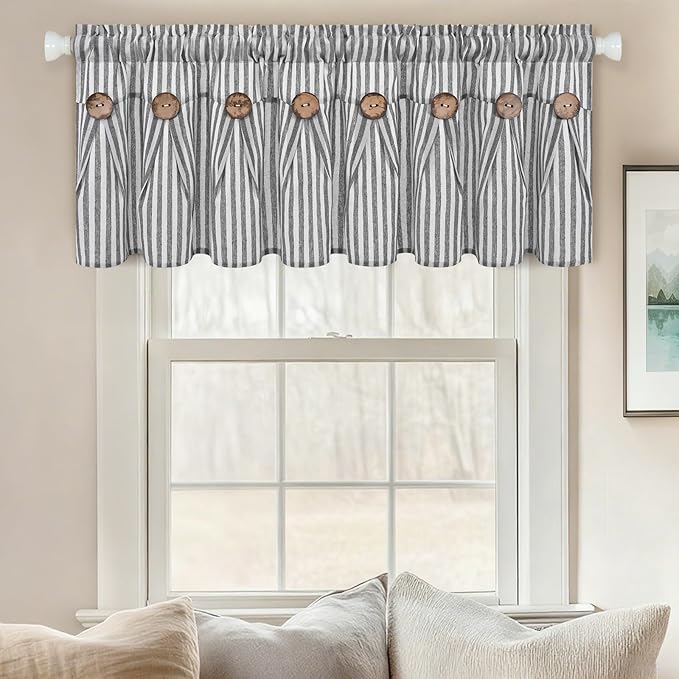 ASPMIZ Farmhouse Valances for Windows, Cotton Linen Kitchen Curtains Valances with Rustic Buttons, Grey Striped Window Valance for Living Room, Boho Valance Curtains for Bathroom, 52 x 18 Inches