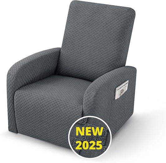 YEMYHOM 3 Pieces Stretch Recliner Slipcover Latest Jacquard Small Recliner Chair Cover with Side Pocket Anti-Slip Fitted Furniture Protector with Elastic Bottom (X-Small Recliner, Dark Gray)