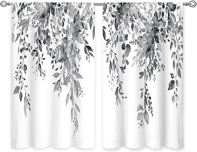 Eucalyptus Botanical Leaves Grey Floral Kitchen Window Curtains Over Sink Farmhouse Flower Leaf Small Window Treatment Cafe Short Curtains for Bathroom Treatment Tier Drapes 26x30 inch